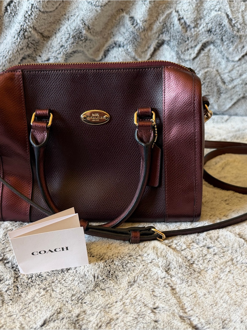 COACH Deep Burgundy Bennet Leather Satchel with Gold Accents